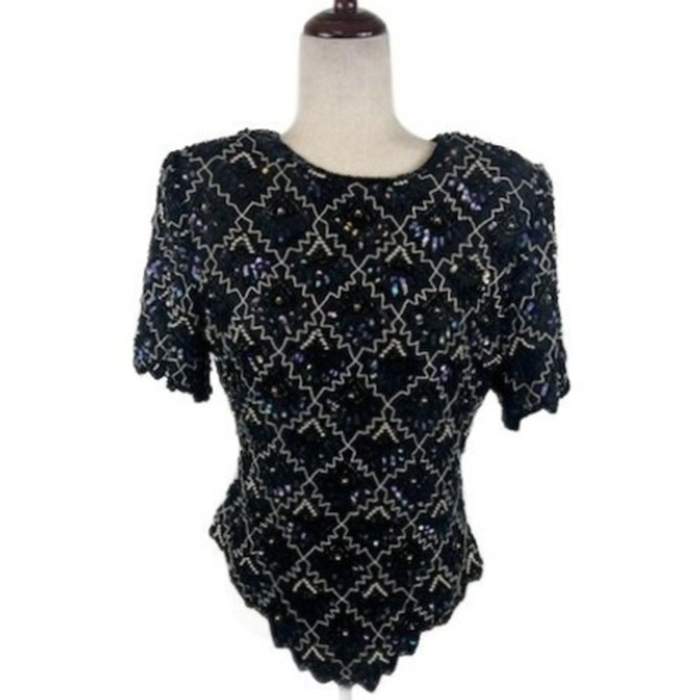 Laurence Kazar New York Black 100% Silk Beaded Sequin Holiday Top Size‎ Large